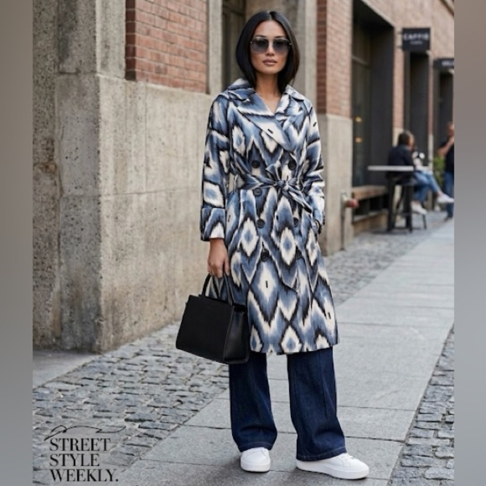 🧥💙 Vertigo Paris Ikat Print Belted Double-Breasted Trench Coat | M